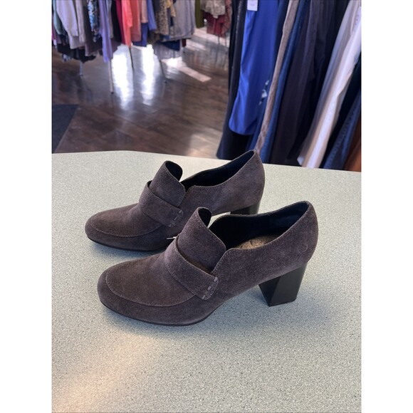 Born Booties Women's 7.5 Shoes Slip On Loafers 3" Heels Gray Suede Leather Block - Picture 3 of 8